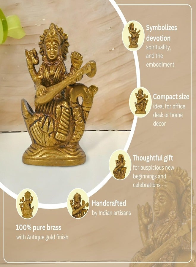 CRAFTHUT ELITE CRAFTHUT Brass Maa Saraswati Idol - 3Inch (275g) Goddess of Knowledge & Music Statue Sitting on Hans for Temple & Gift - Image 4